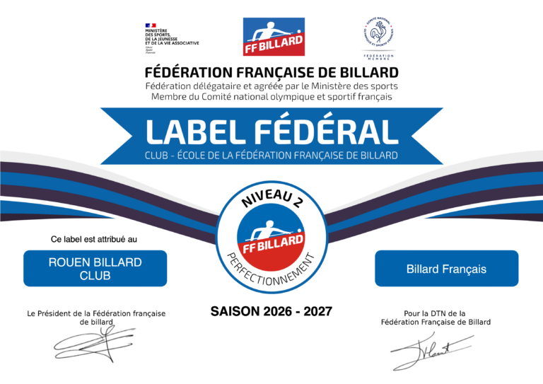 L&rsquo;École de billard du Rouen Billard Club de nouveau labellisée par la FFB